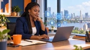 Illustration d’une entrepreneure examinant un processus de travail assisté par intelligence artificielle.
