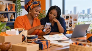 Illustration de professionnels préparant les contenus et le parcours client d’une petite entreprise.