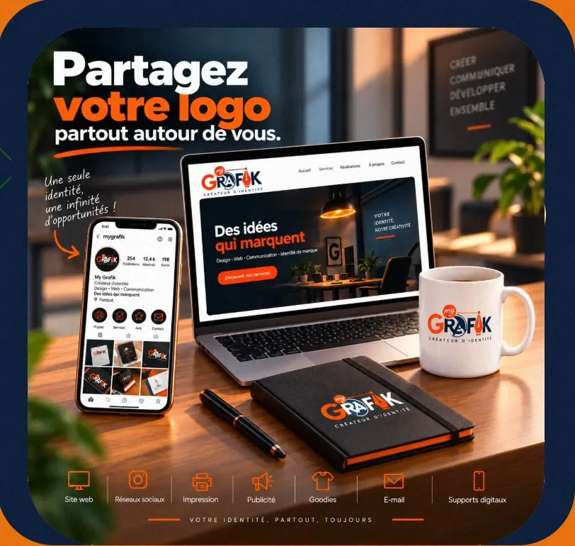 Logo décliné sur site web, réseaux sociaux, mug et carnet